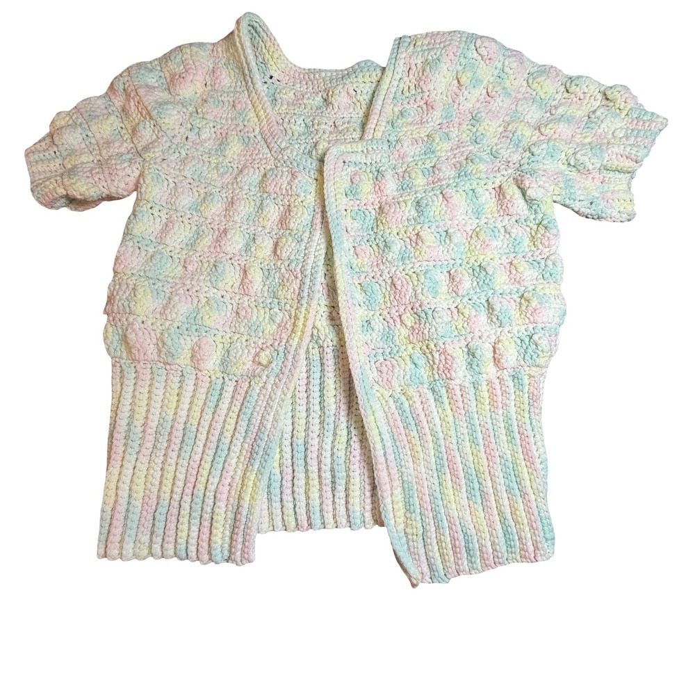 Handmade Crochet Popcorn Stitch Cardigan Pastel Variegated Short Sleeve Sweater‎